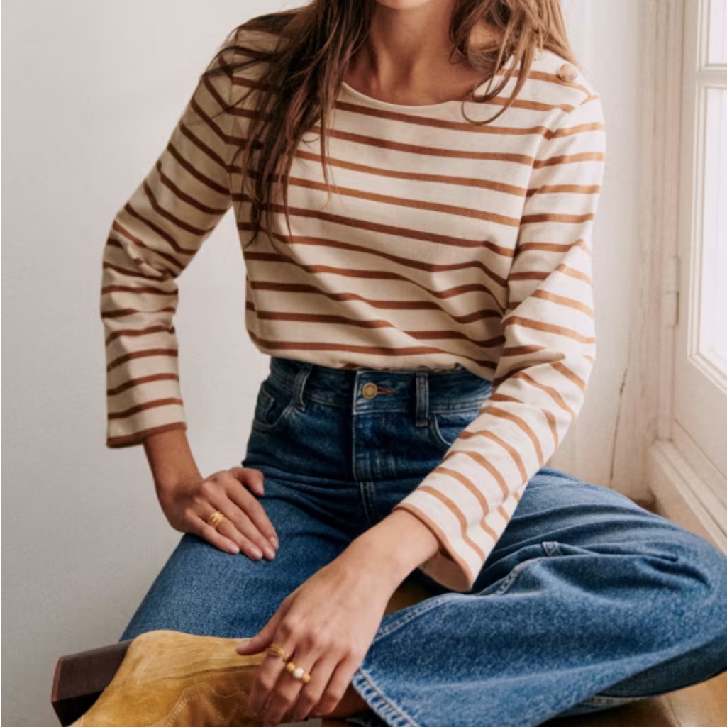 Striped Long-Sleeve Boatneck Top In Cream And Tan